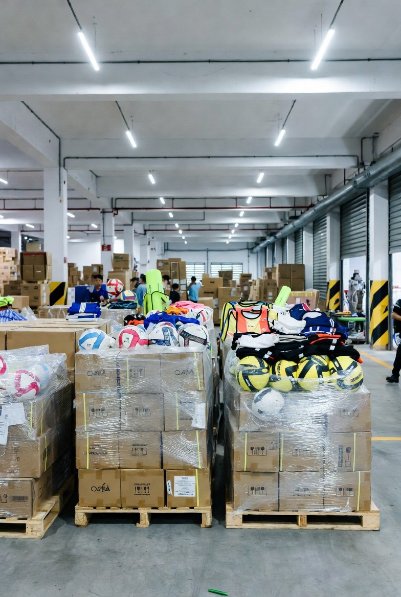 Neatly organised wholesale sporting goods stored in a Singapore warehouse.