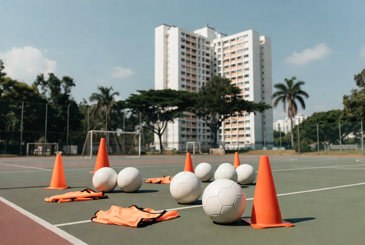 Footballs, cones and training bibs arranged on a Singapore sports court.