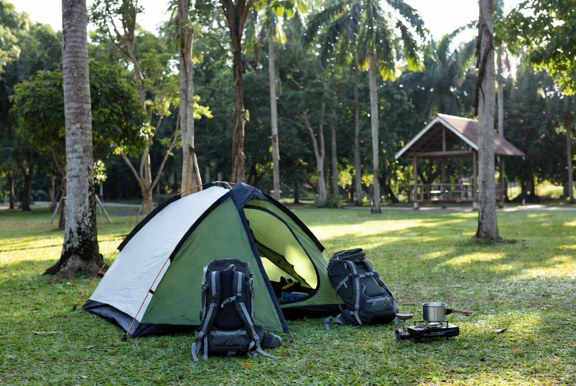 Tents and camping backpacks set up at a Singapore park campsite.